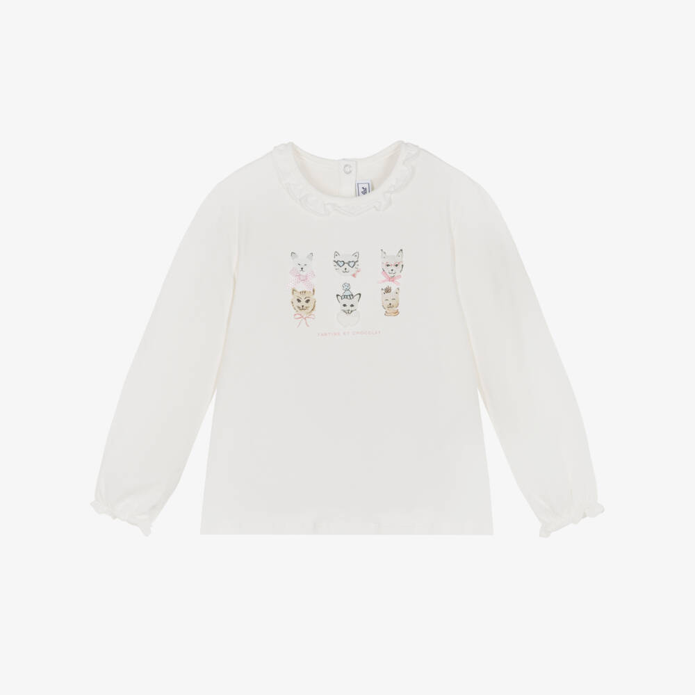 Tartine et Chocolat-Girls Ivory Cotton Cat Print Long Sleeve Top | Childrensalon Outlet