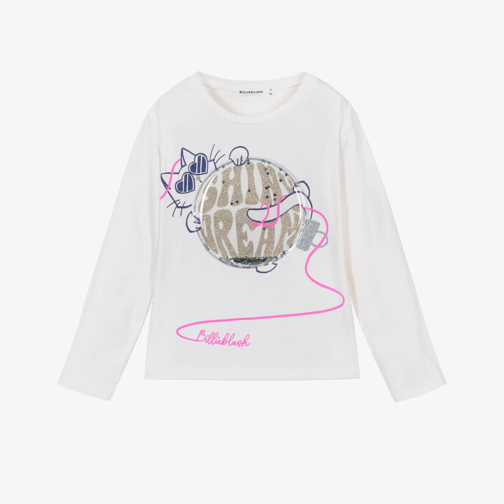 Billieblush-Girls Ivory Cotton Cat Top with Festive Sequinned Bauble | Childrensalon Outlet