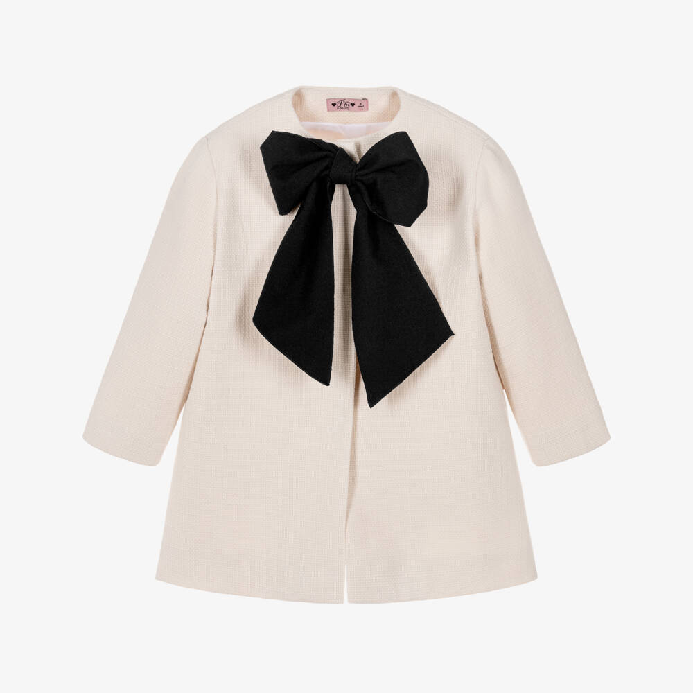 Phi Clothing-Girls Ivory Cotton Coat with Black Bow | Childrensalon Outlet