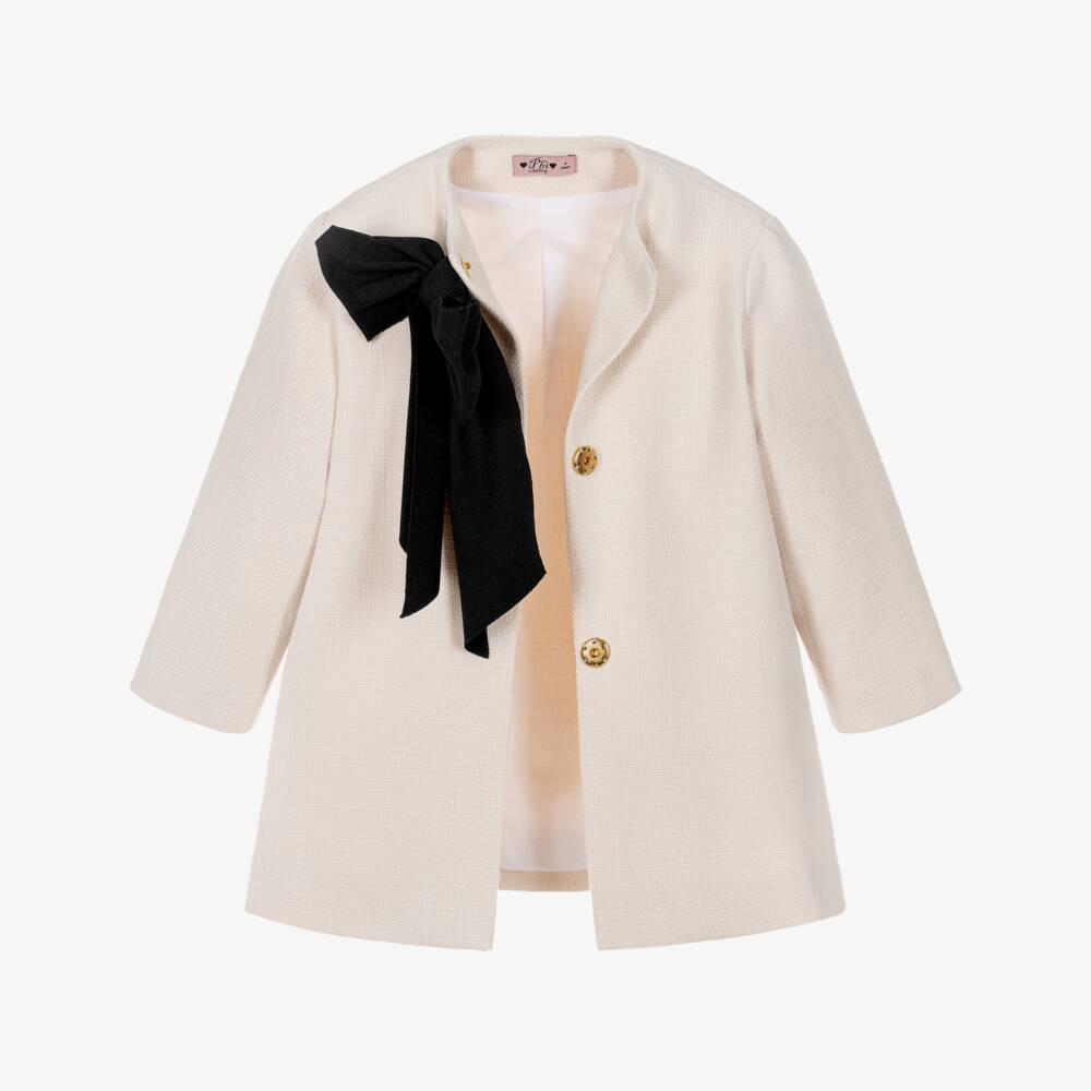 Phi Clothing-Girls Ivory Cotton Coat with Black Bow | Childrensalon Outlet