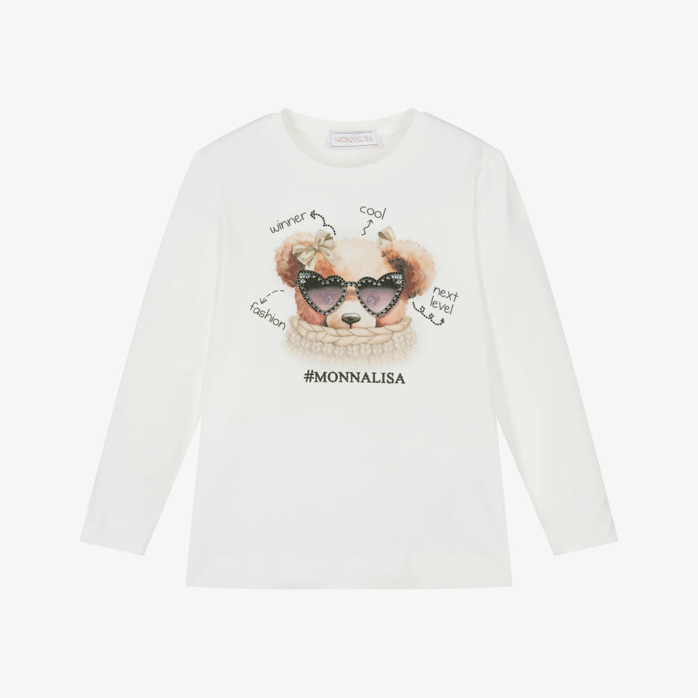 Monnalisa-Girls Ivory Cotton Cool Bear Top | Childrensalon Outlet