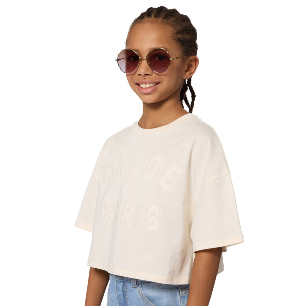 Chloé-Girls Ivory Cotton Cropped Logo T-Shirt | Childrensalon Outlet