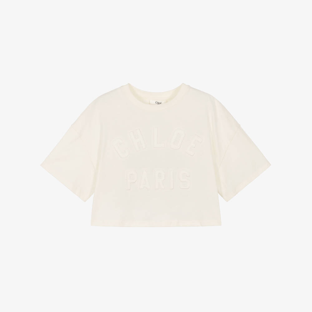 Chloé-Girls Ivory Cotton Cropped Logo T-Shirt | Childrensalon Outlet