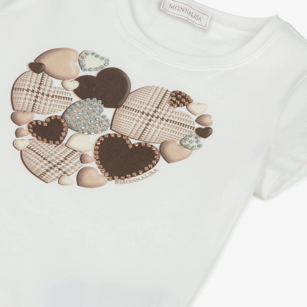 Monnalisa-Girls Ivory Cotton Diamanté Embellished Heart Print T-Shirt | Childrensalon Outlet