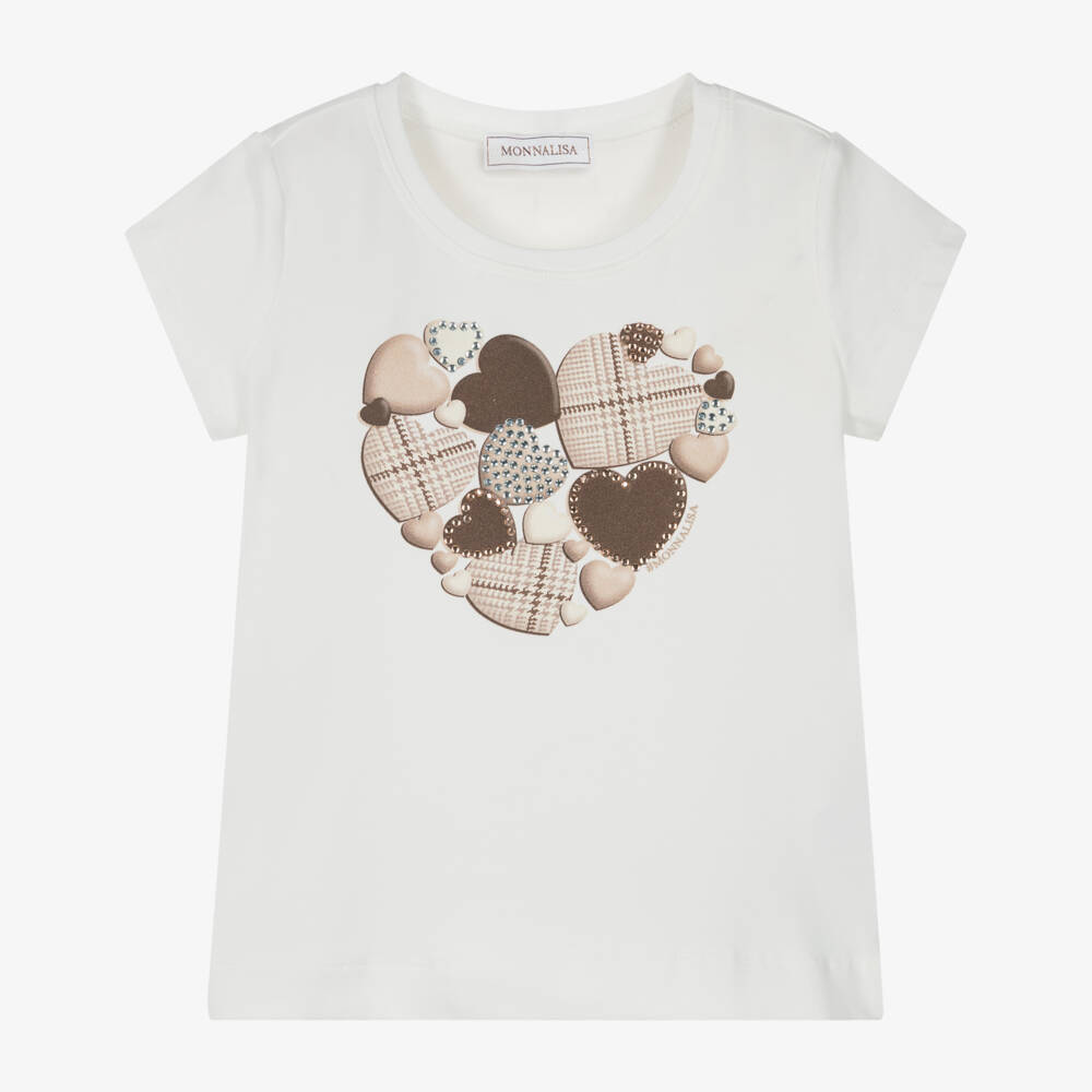 Monnalisa-Girls Ivory Cotton DiamantÃ© Embellished Heart Print T-Shirt  | Childrensalon Outlet