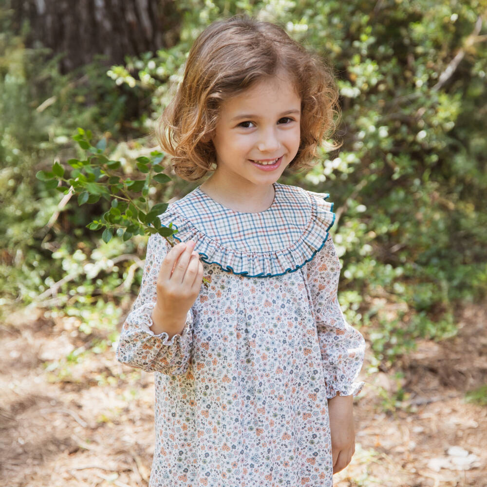 Paloma de la O-Girls Ivory Cotton Dress with Orange & Blue Floral Print | Childrensalon Outlet