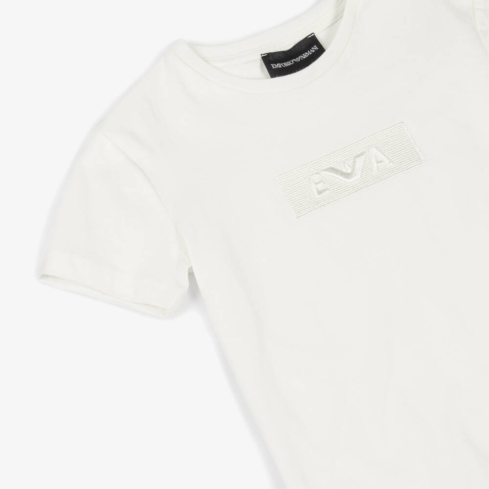 Emporio Armani-Girls Ivory Cotton Embroidered Tonal Logo T-Shirt | Childrensalon Outlet