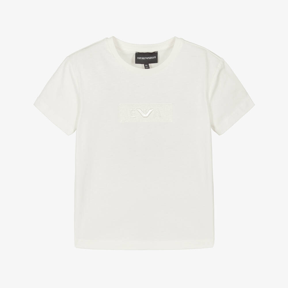 Emporio Armani-Girls Ivory Cotton Embroidered Tonal Logo T-Shirt | Childrensalon Outlet