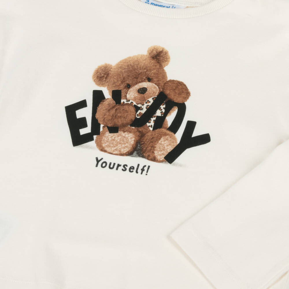 Mayoral-Girls Ivory Cotton Enjoy Yourself Teddy Bear Top | Childrensalon Outlet