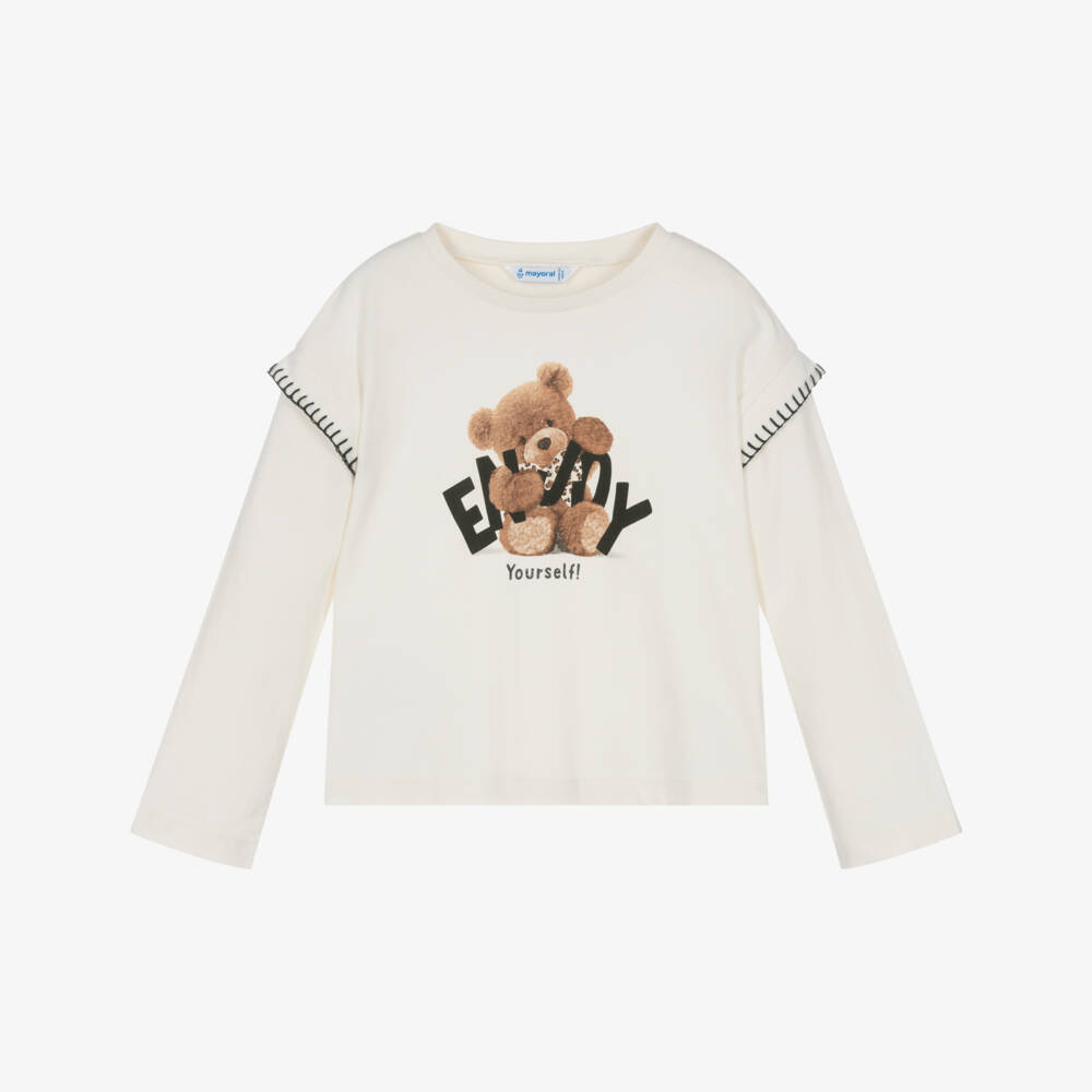 Mayoral-Girls Ivory Cotton Enjoy Yourself Teddy Bear Top | Childrensalon Outlet