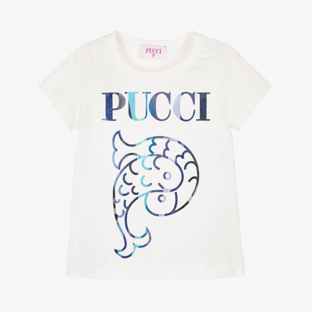 PUCCI-Girls Ivory Cotton Fish Motif T-Shirt | Childrensalon Outlet
