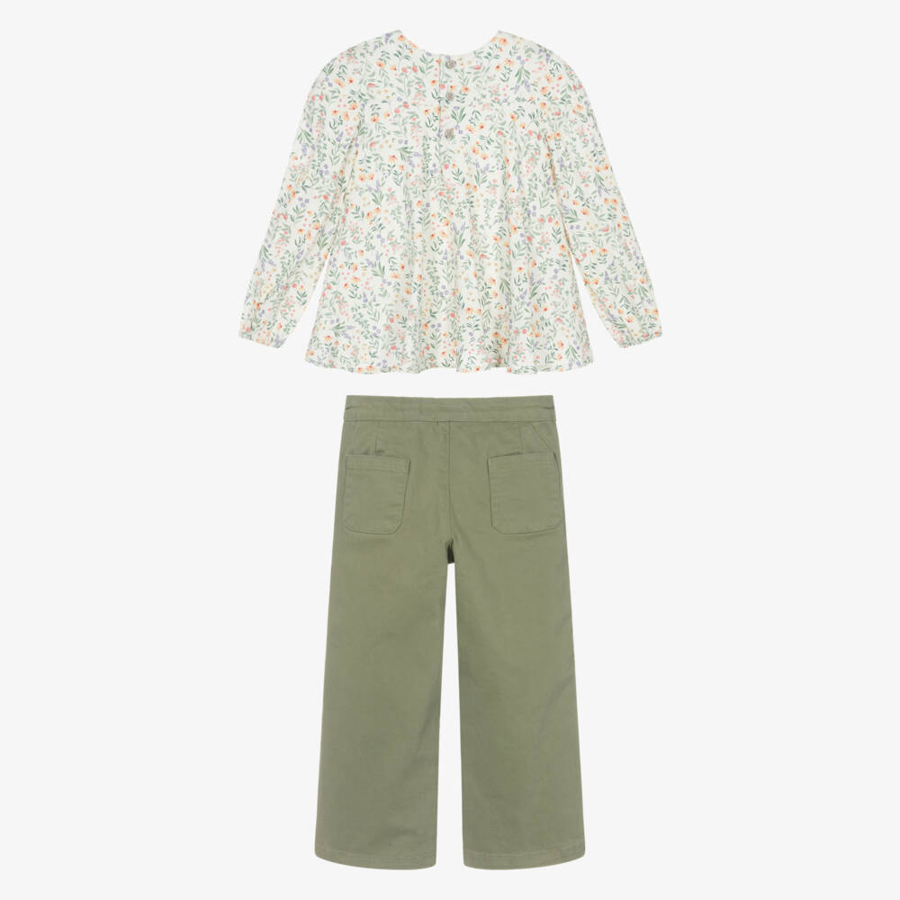 Tutto Piccolo-Girls Ivory Cotton Floral Blouse & Green Trouser Set | Childrensalon Outlet