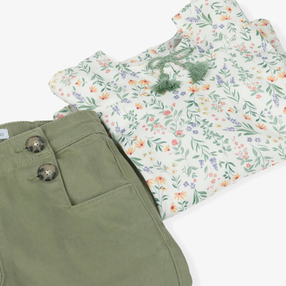Tutto Piccolo-Girls Ivory Cotton Floral Blouse & Green Trouser Set | Childrensalon Outlet
