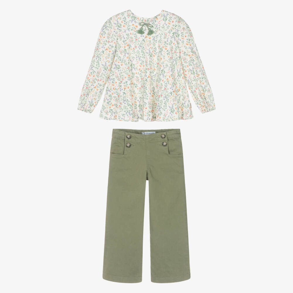 Tutto Piccolo-Girls Ivory Cotton Floral Blouse & Green Trouser Set | Childrensalon Outlet