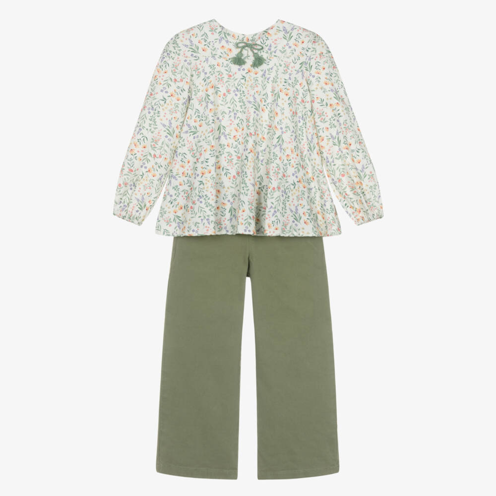 Tutto Piccolo-Girls Ivory Cotton Floral Blouse & Green Trouser Set | Childrensalon Outlet