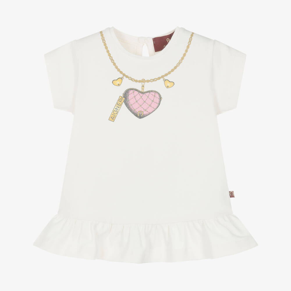 AIGNER-Girls Ivory Cotton Heart T-Shirt | Childrensalon Outlet