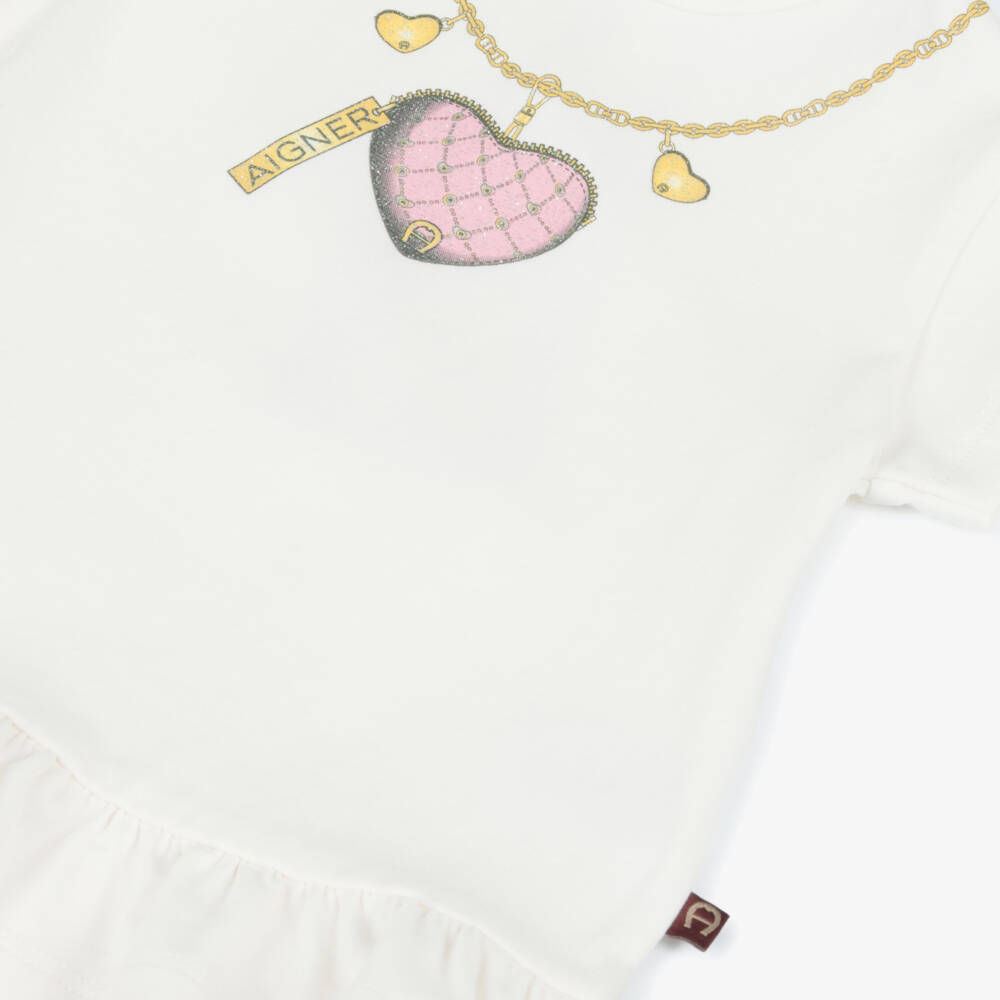 AIGNER-Girls Ivory Cotton Heart T-Shirt | Childrensalon Outlet