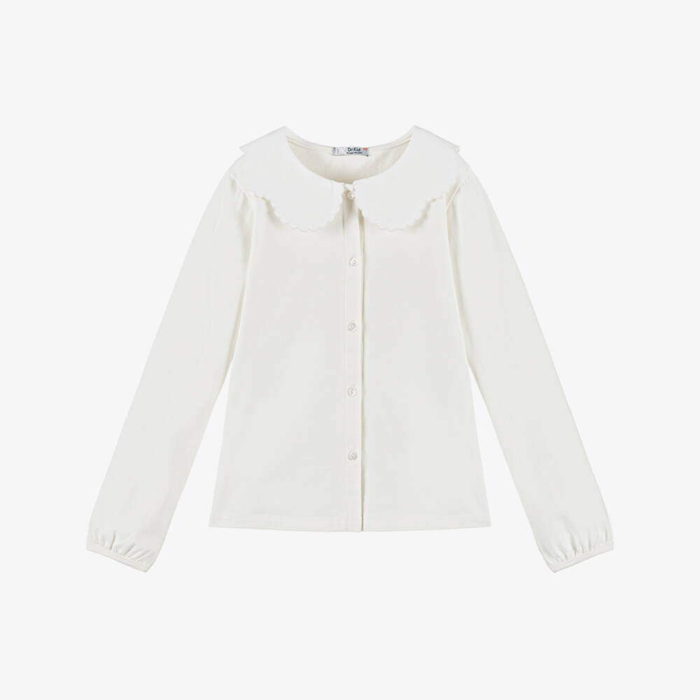 Dr. Kid-Girls Ivory Cotton Jersey Blouse with Scalloped Collar | Childrensalon Outlet