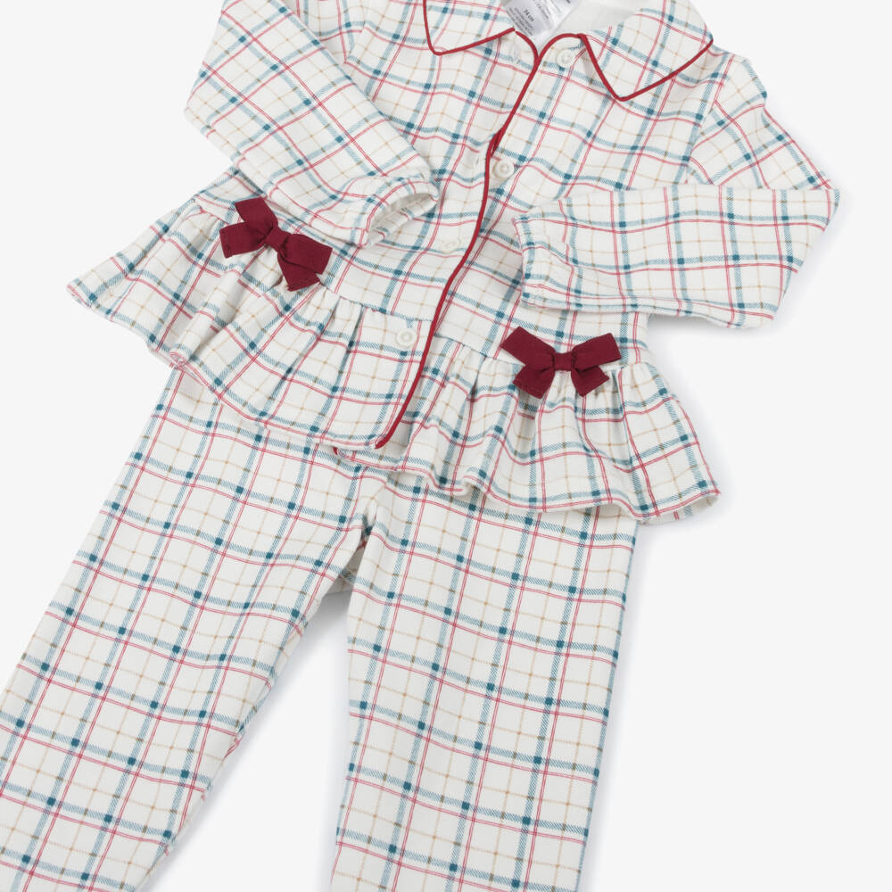 Tutto Piccolo-Girls Ivory Cotton Jersey Bow Pyjamas with Red & Blue Check | Childrensalon Outlet