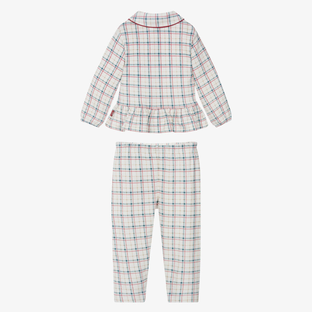 Tutto Piccolo-Girls Ivory Cotton Jersey Bow Pyjamas with Red & Blue Check | Childrensalon Outlet