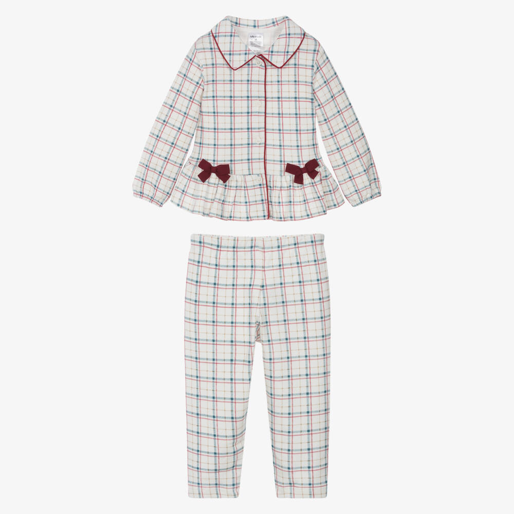 Tutto Piccolo-Girls Ivory Cotton Jersey Bow Pyjamas with Red & Blue Check | Childrensalon Outlet