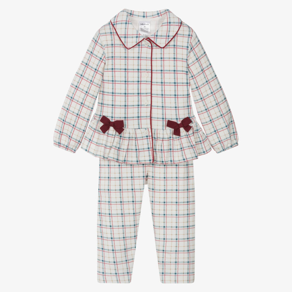 Tutto Piccolo-Girls Ivory Cotton Jersey Bow Pyjamas with Red & Blue Check | Childrensalon Outlet