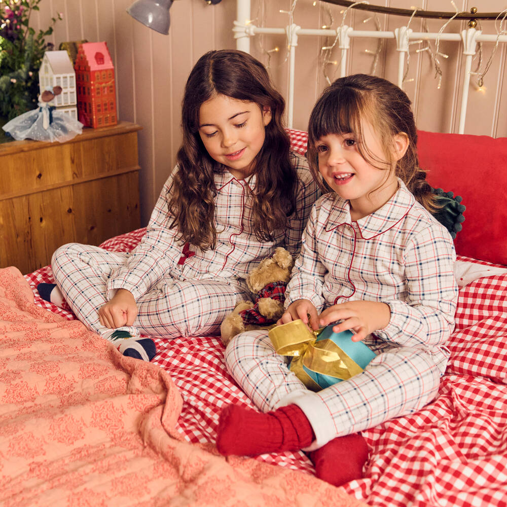Tutto Piccolo-Girls Ivory Cotton Jersey Bow Pyjamas with Red & Blue Check | Childrensalon Outlet