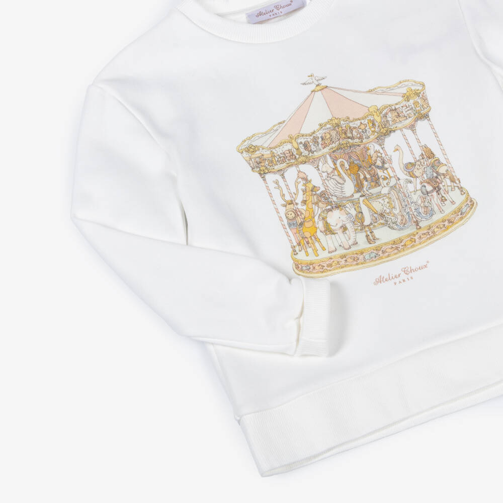 Atelier Choux Paris-Girls Ivory Cotton Jersey Carousel Sweatshirt | Childrensalon Outlet