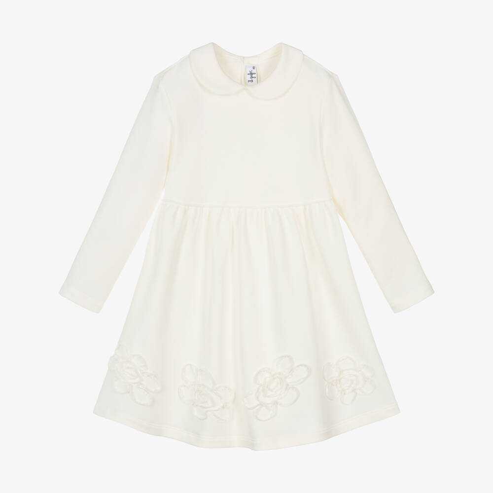 Il Gufo-Girls Ivory Cotton Jersey Dress with Ribbon Flowers | Childrensalon Outlet