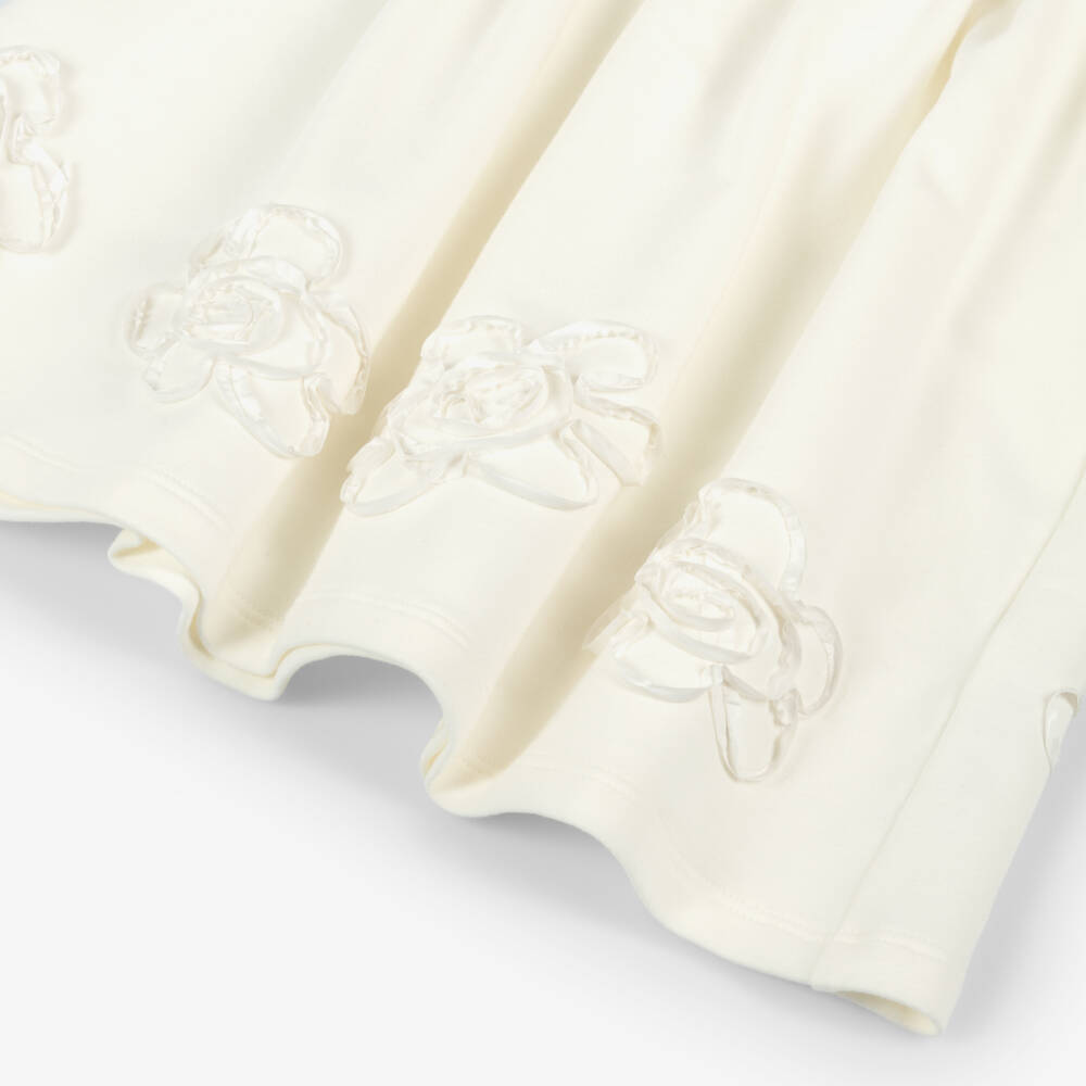 Il Gufo-Girls Ivory Cotton Jersey Dress with Ribbon Flowers | Childrensalon Outlet
