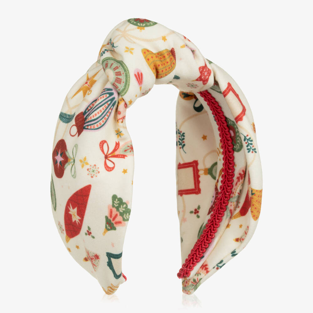 EIRENE-Girls Ivory Cotton Jersey Festive Print Hairband | Childrensalon Outlet