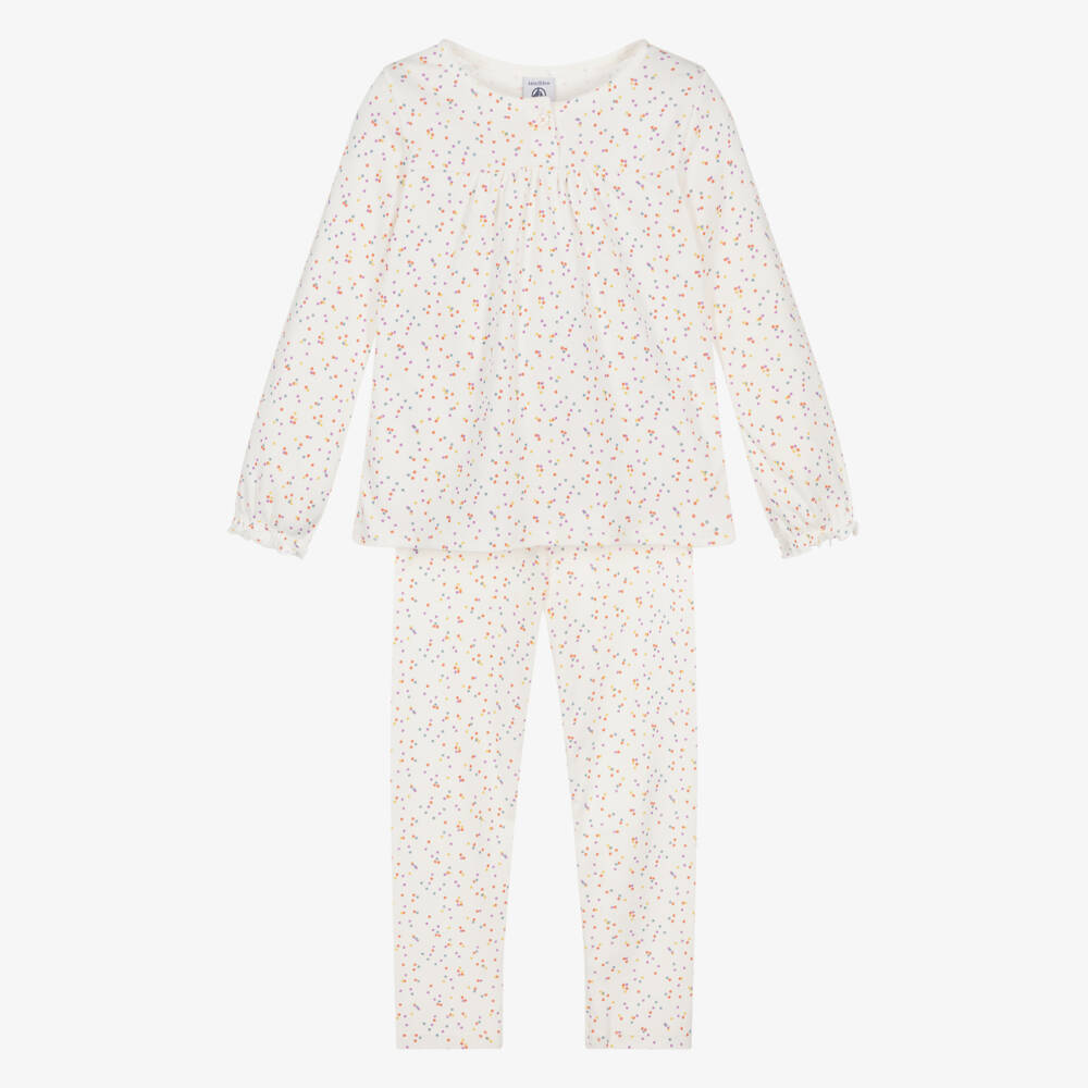 Petit Bateau-Girls Ivory Cotton Jersey Long Pyjamas with Colourful Dots | Childrensalon Outlet