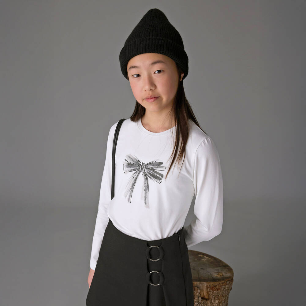 Mayoral-Girls Ivory Cotton Jersey Top with Black Bow Print | Childrensalon Outlet