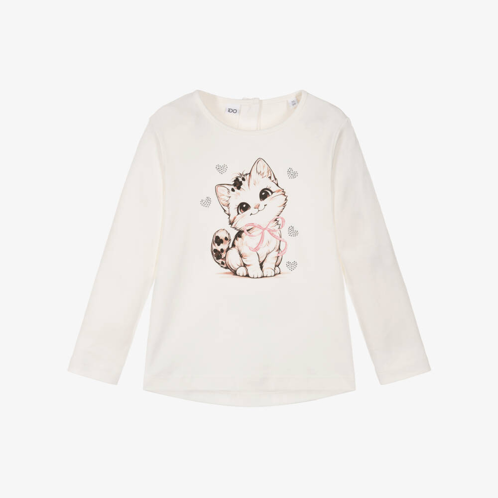 iDO-Girls Ivory Cotton Jersey Top with Cat Print & Diamantés | Childrensalon Outlet
