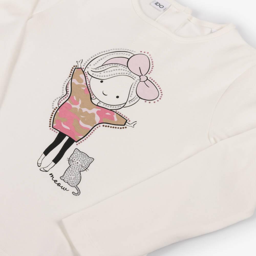 iDO-Girls Ivory Cotton Jersey Top with Girl Print & Diamantés | Childrensalon Outlet
