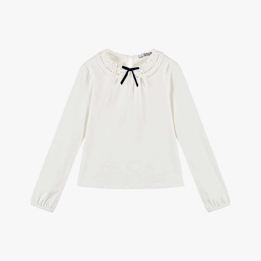 Dr. Kid-Girls Ivory Cotton Jersey Top with Lace Collar | Childrensalon Outlet