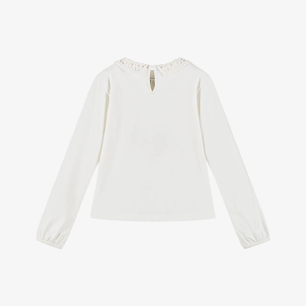 Dr. Kid-Girls Ivory Cotton Jersey Top with Lace Collar | Childrensalon Outlet