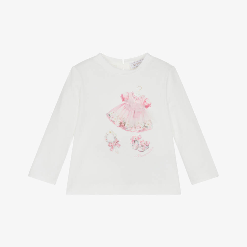 Monnalisa-Girls Ivory Cotton Jersey Top with Pink Dress Print | Childrensalon Outlet