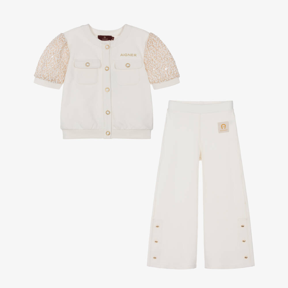 AIGNER-Girls Ivory Cotton Jersey Trouser Set | Childrensalon Outlet