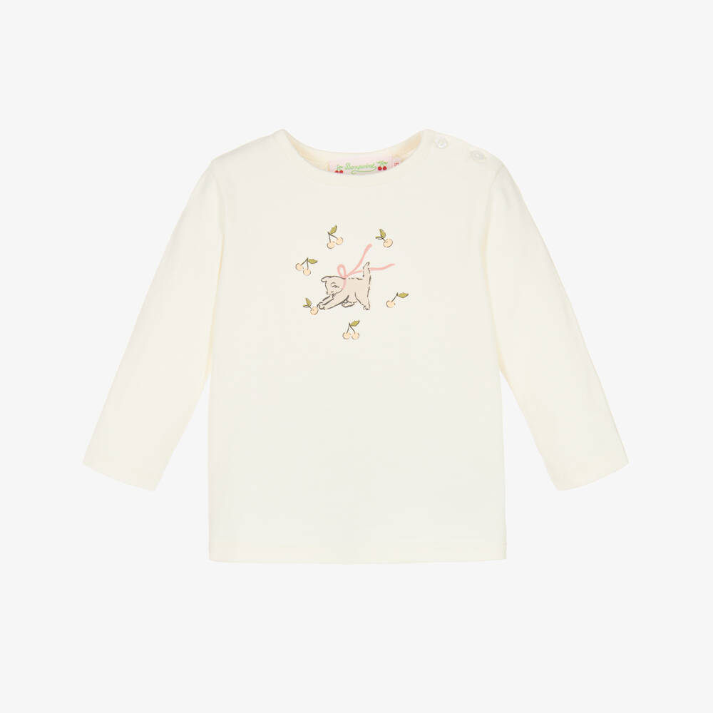 Bonpoint-Girls Ivory Cotton Kitten Print Long Sleeve Top | Childrensalon Outlet