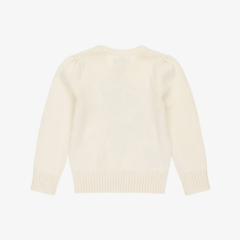 Ralph Lauren-Girls Ivory Cotton Knit Sweater with Ice Skating Polo Bear | Childrensalon Outlet
