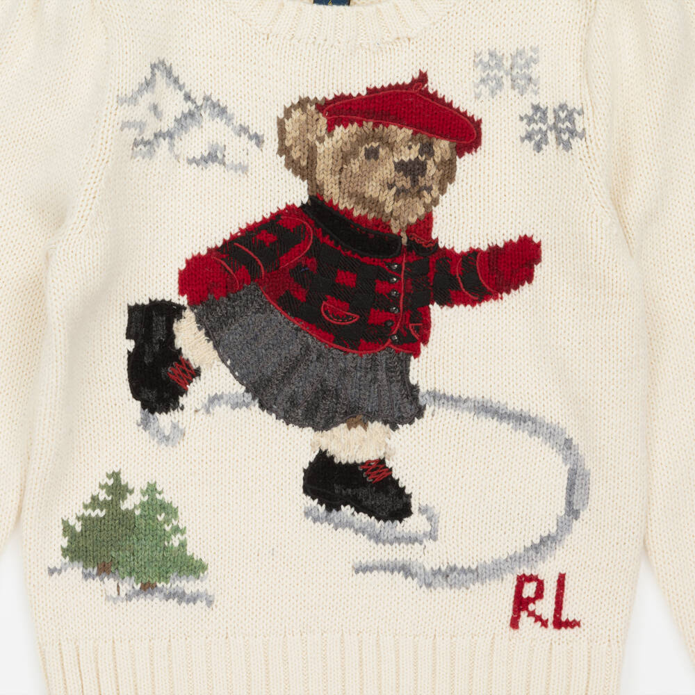 Ralph Lauren-Girls Ivory Cotton Knit Sweater with Ice Skating Polo Bear | Childrensalon Outlet