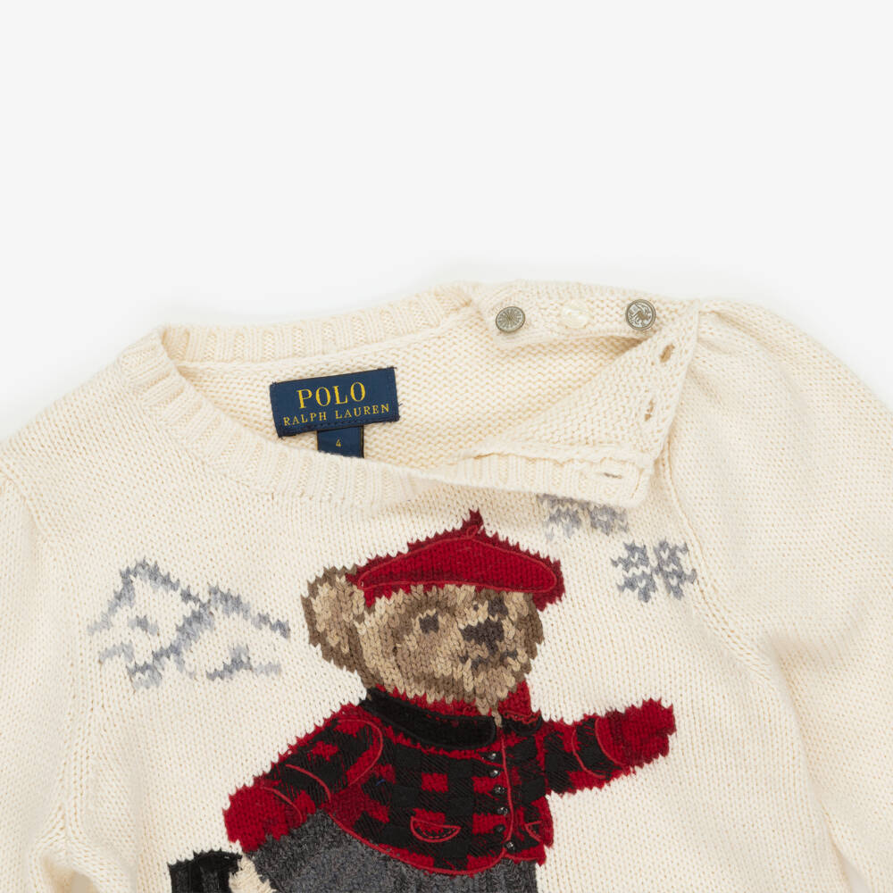 Ralph Lauren-Girls Ivory Cotton Knit Sweater with Ice Skating Polo Bear | Childrensalon Outlet