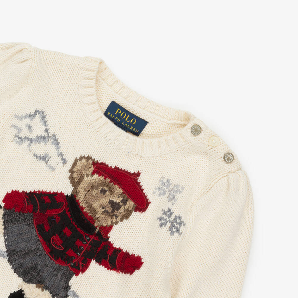 Ralph Lauren-Girls Ivory Cotton Knit Sweater with Ice Skating Polo Bear | Childrensalon Outlet