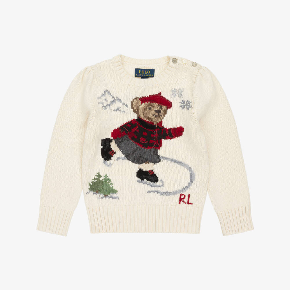 Ralph Lauren-Girls Ivory Cotton Knit Sweater with Ice Skating Polo Bear | Childrensalon Outlet