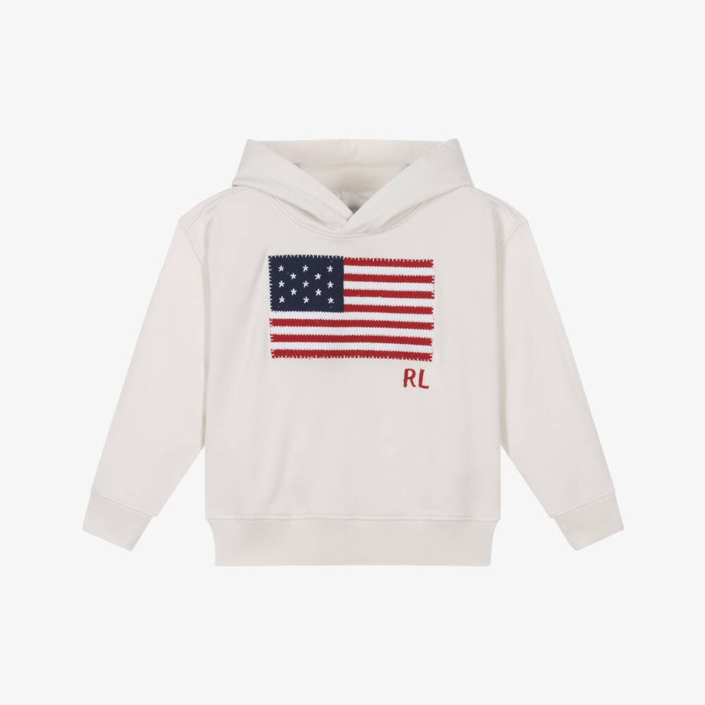 Ralph Lauren-Girls Ivory Cotton Logo Hoodie with Embroidered US Flag | Childrensalon Outlet