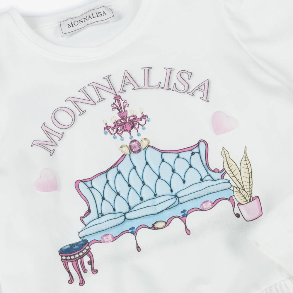 Monnalisa-Girls Ivory Cotton Long-Sleeved Top | Childrensalon Outlet