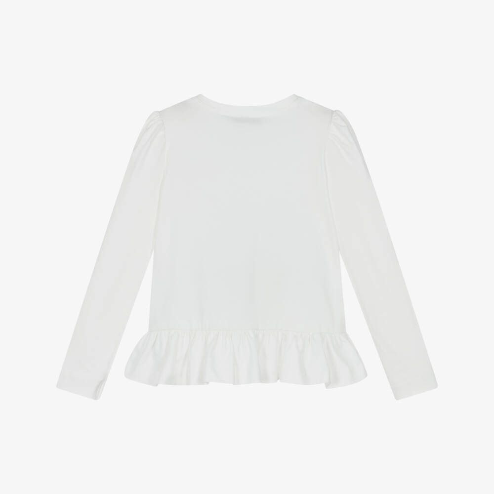 Monnalisa-Girls Ivory Cotton Long-Sleeved Top | Childrensalon Outlet