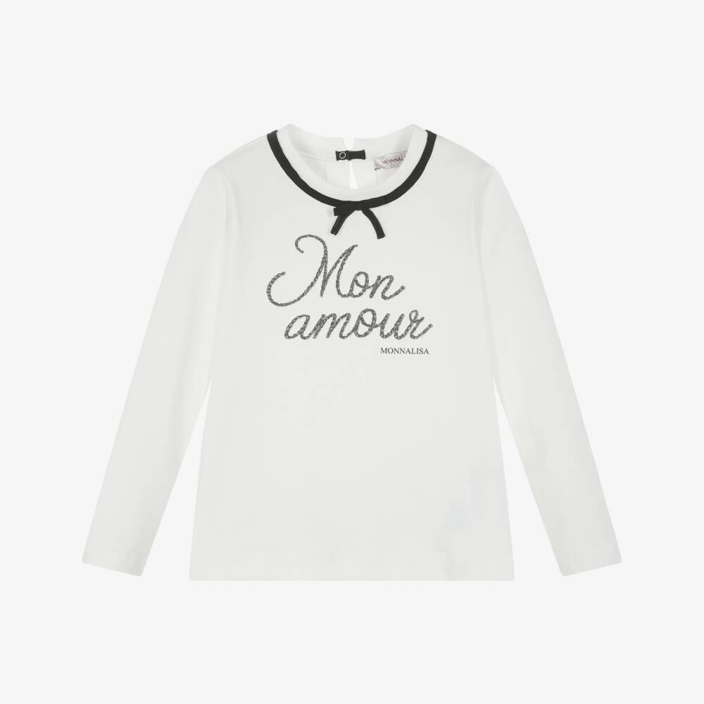 Monnalisa Chic-Girls Ivory Cotton Long-Sleeved Top with Bow | Childrensalon Outlet