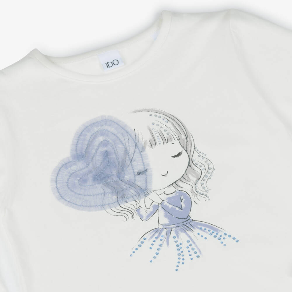 iDO-Girls Ivory Cotton Long-Sleeved Top with Girl Print | Childrensalon Outlet